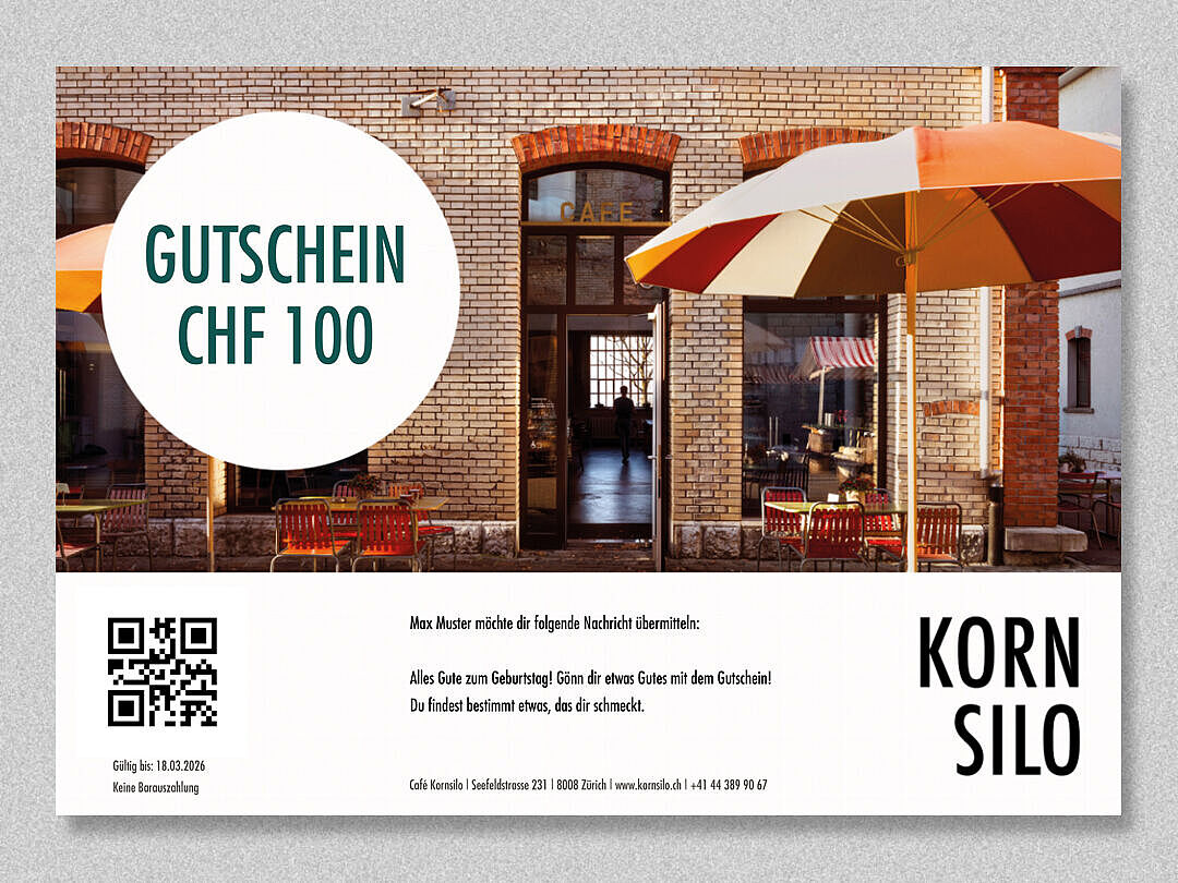 Voucher for the café Kornsilo in the Mühle TiefenbrunnenZurich Kreis 8